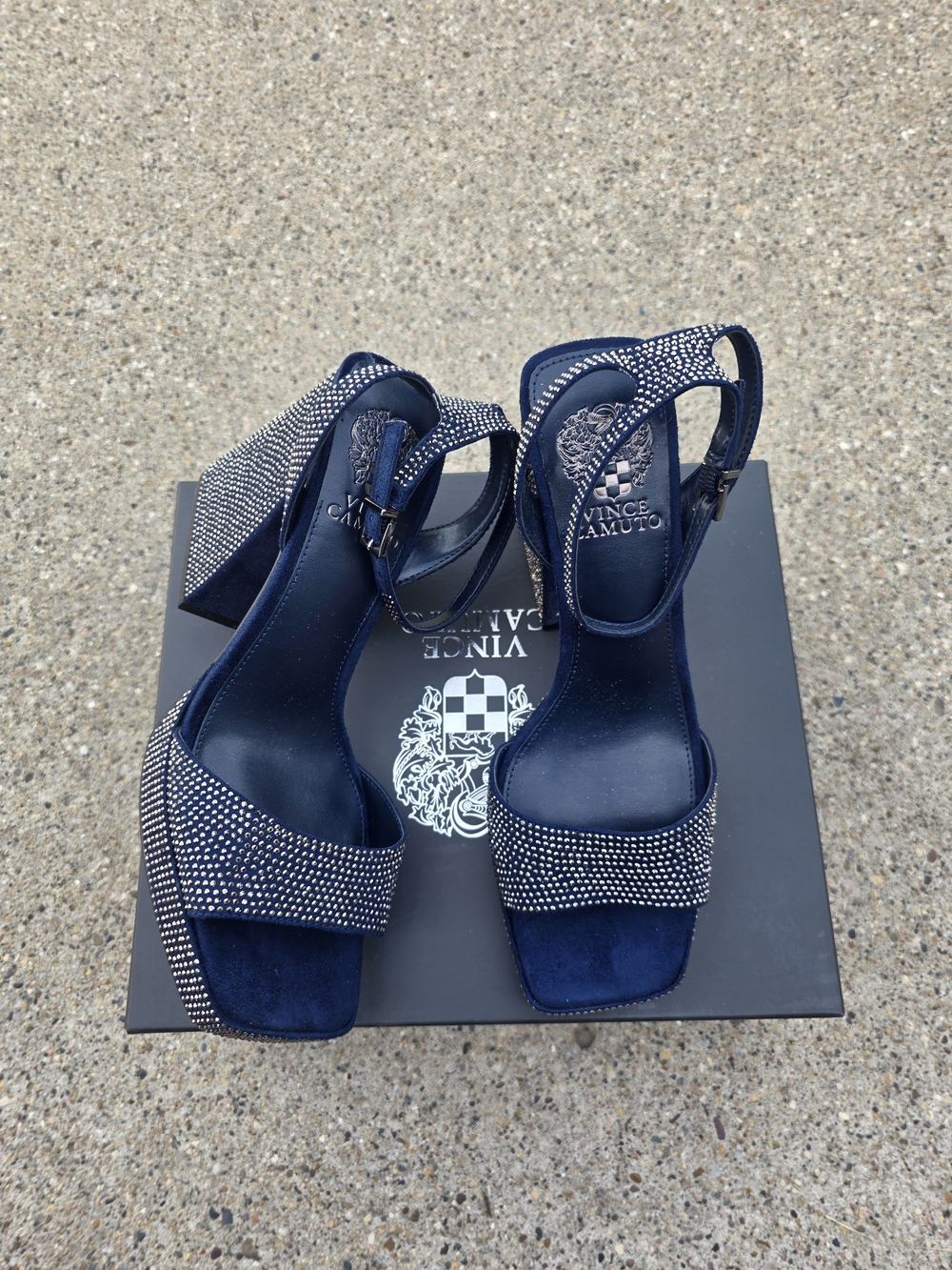 Vince Camuto Navy Embellished Block Heel Sandals Women 8.5